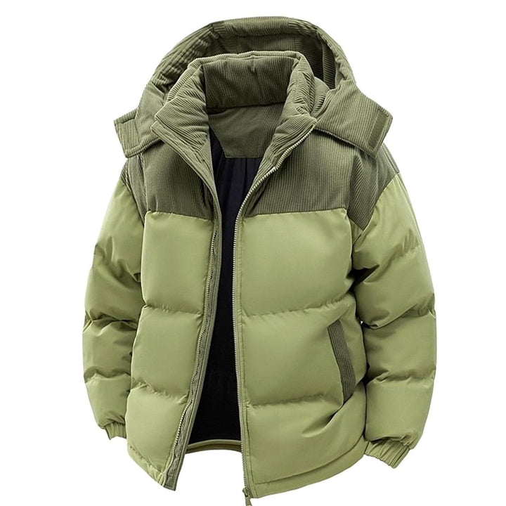 Men's Quilted Hooded Puffer Jacket Two-Tone Corduroy Trim - Green