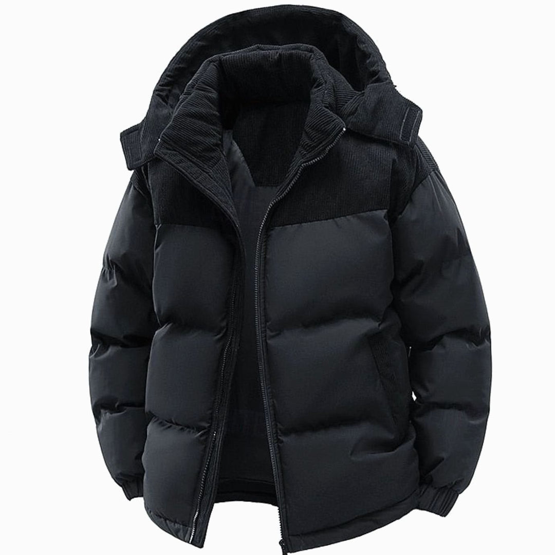 Men's Quilted Hooded Puffer Jacket Two-Tone Corduroy Trim - Black