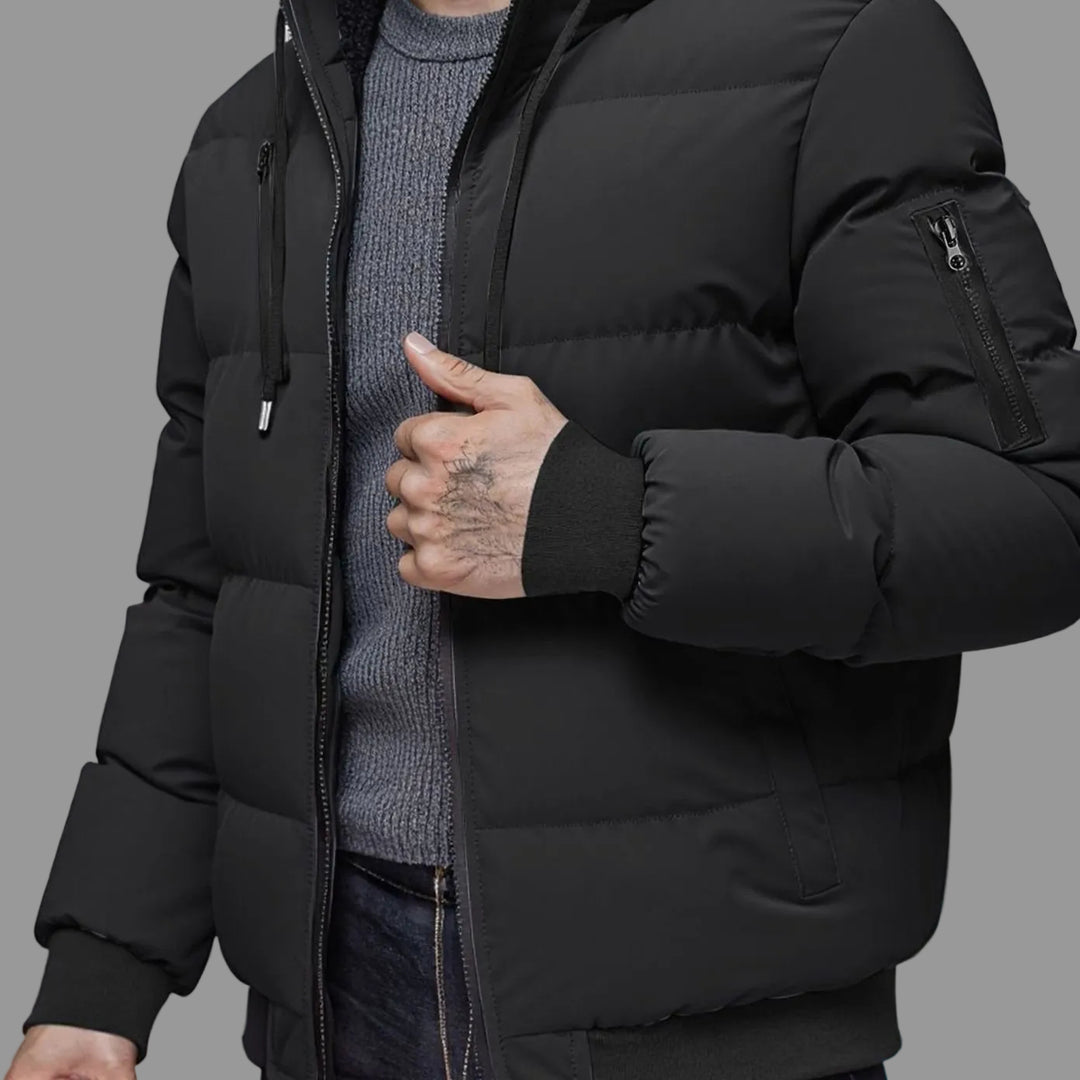 Men's Quilted Hooded Winter Jacket Ribbed-Cuff Full-Zip Puffer - Black