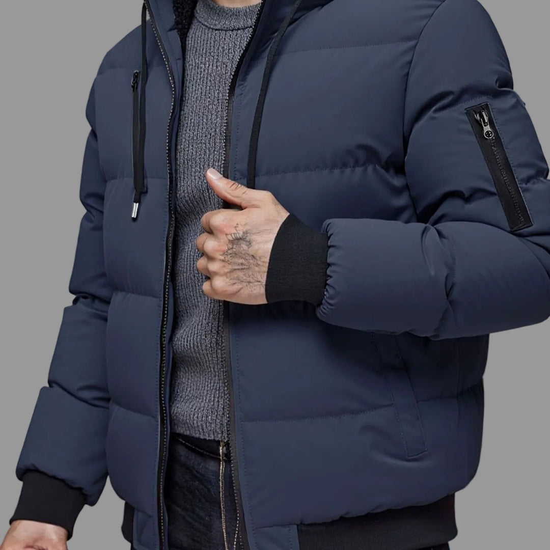 Men's Quilted Hooded Winter Jacket Ribbed-Cuff Full-Zip Puffer - Navy