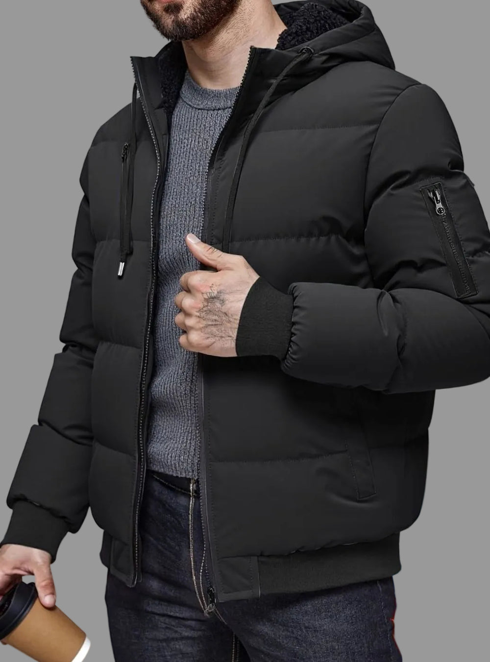 Men's Quilted Hooded Winter Jacket Ribbed-Cuff Full-Zip Puffer
