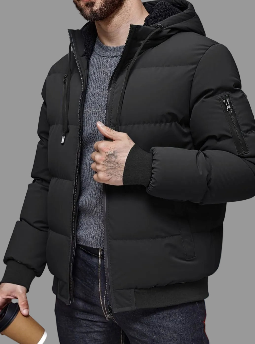 Men's Quilted Hooded Winter Jacket Ribbed-Cuff Full-Zip Puffer