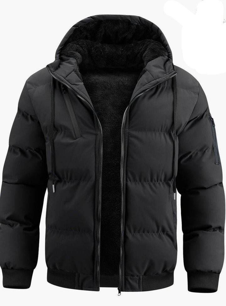 Men's Quilted Hooded Winter Jacket Ribbed-Cuff Full-Zip Puffer