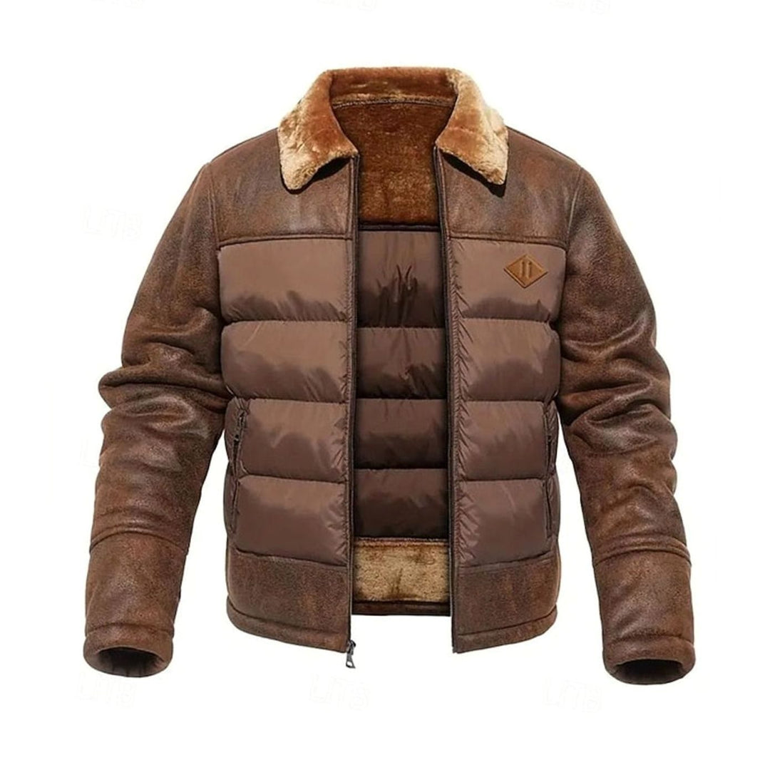 Men's Quilted Jacket Faux Leather Sherpa-Collar Insulated Winter Coat - Dark Brown