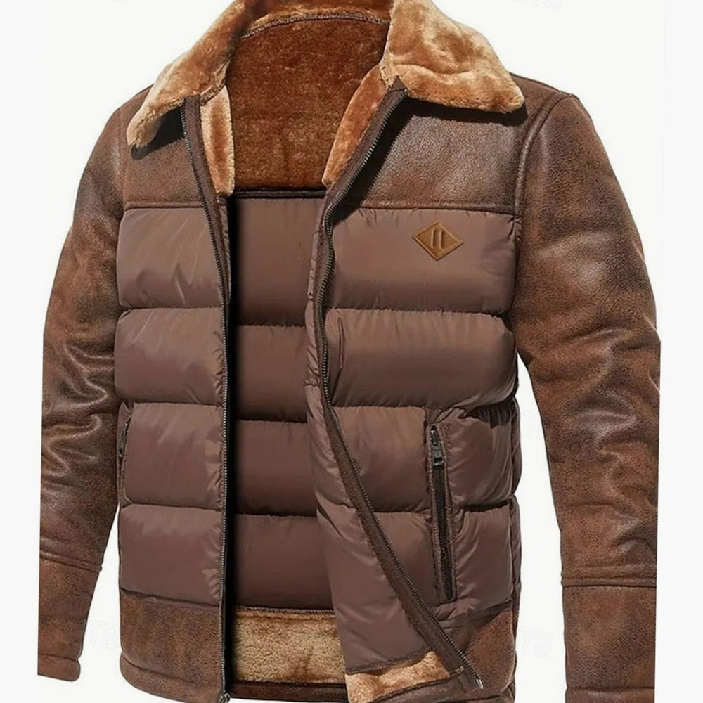 Men's Quilted Jacket Faux Leather Sherpa-Collar Insulated Winter Coat