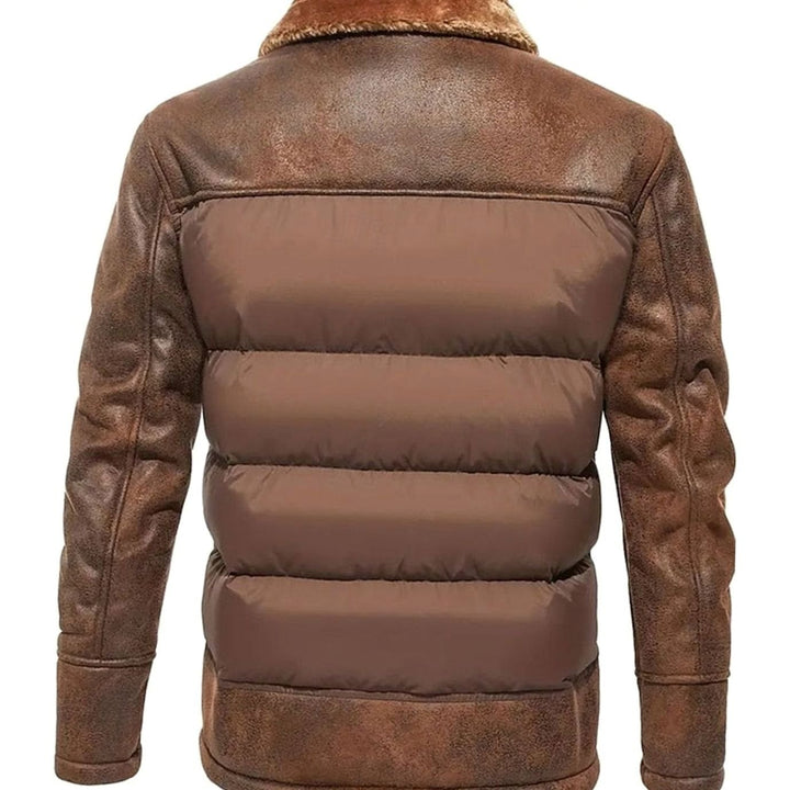 Men's Quilted Jacket Faux Leather Sherpa-Collar Insulated Winter Coat