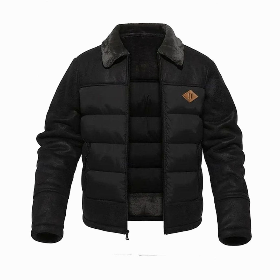 Men's Quilted Jacket Faux Leather Sherpa-Collar Insulated Winter Coat - Black