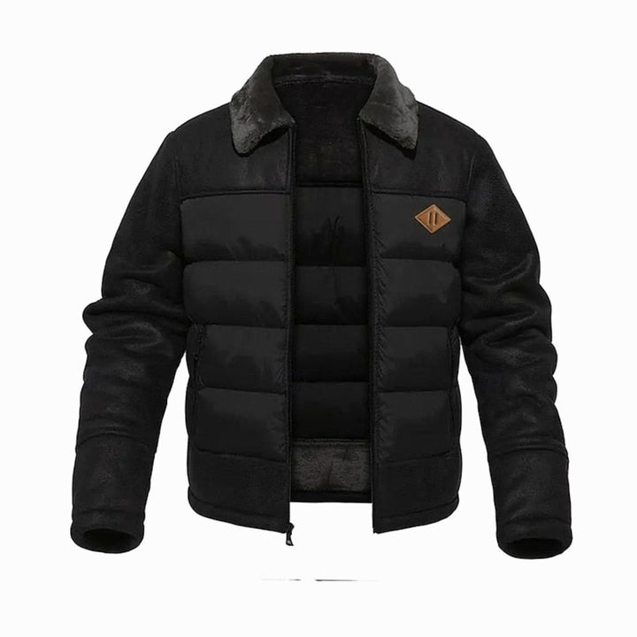 Men's Quilted Jacket Faux Leather Sherpa-Collar Insulated Winter Coat - Black