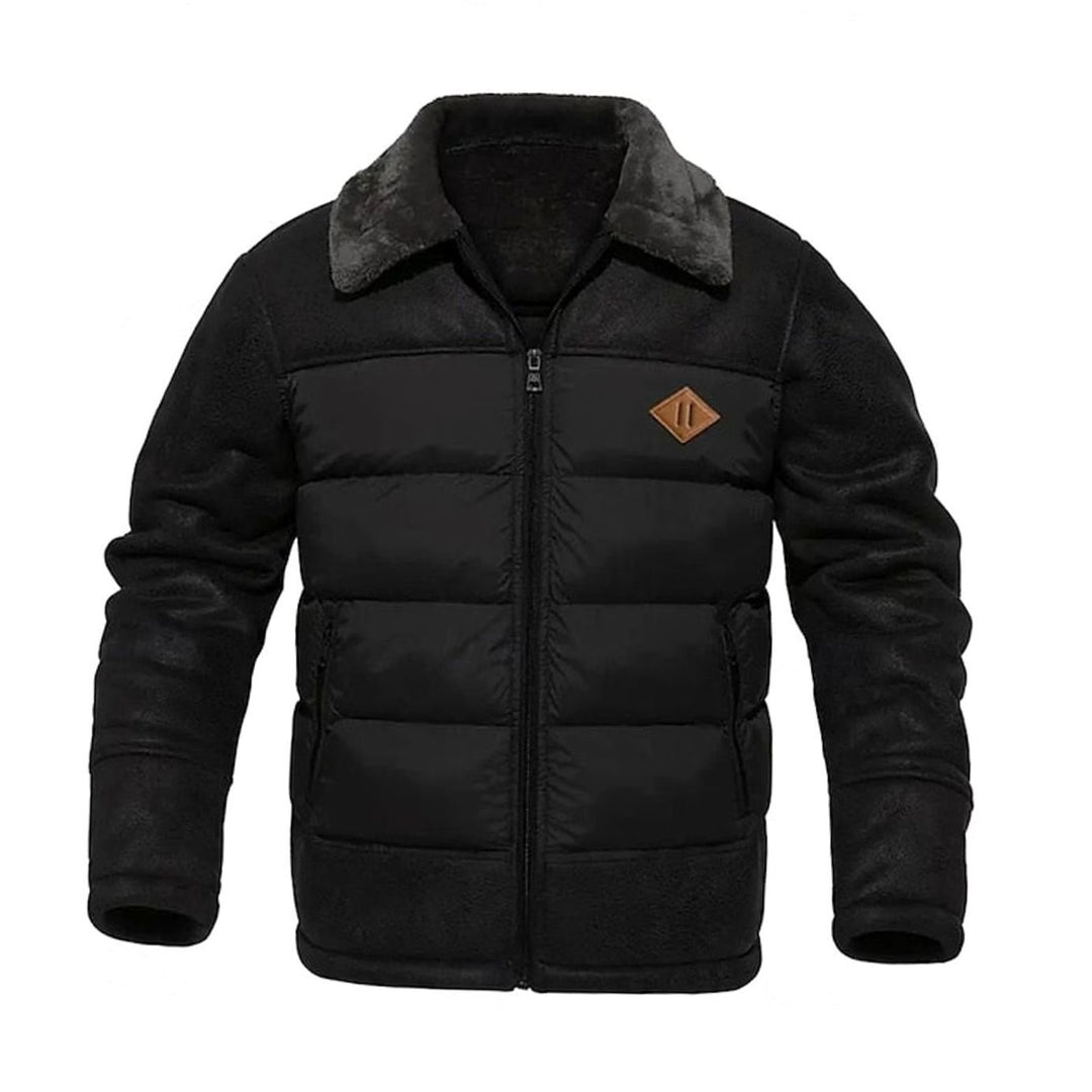 Men's Quilted Jacket Faux Leather Sherpa-Collar Insulated Winter Coat