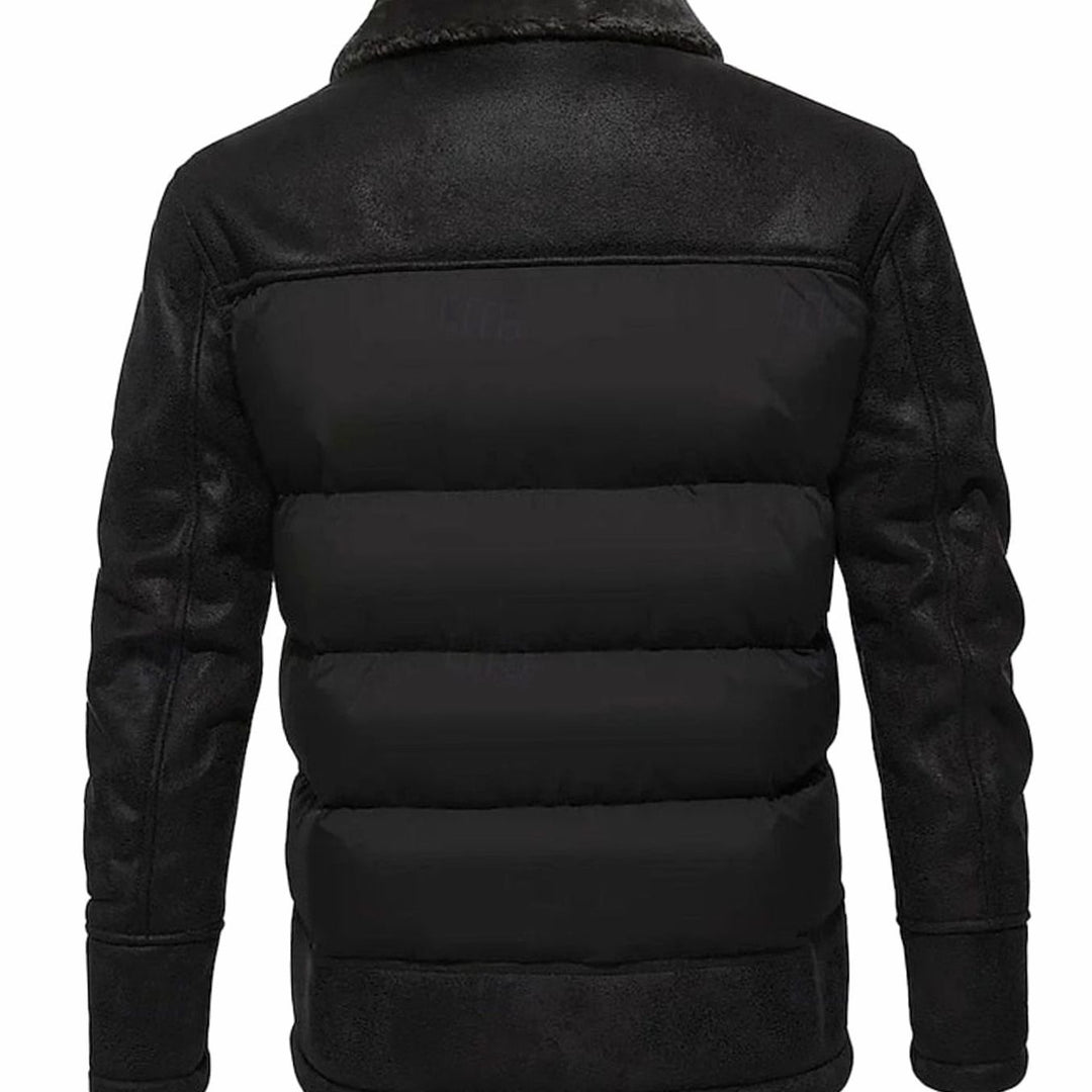 Men's Quilted Jacket Faux Leather Sherpa-Collar Insulated Winter Coat