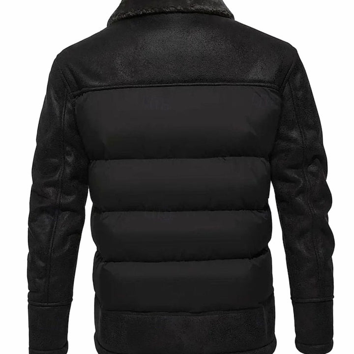 Men's Quilted Jacket Faux Leather Sherpa-Collar Insulated Winter Coat
