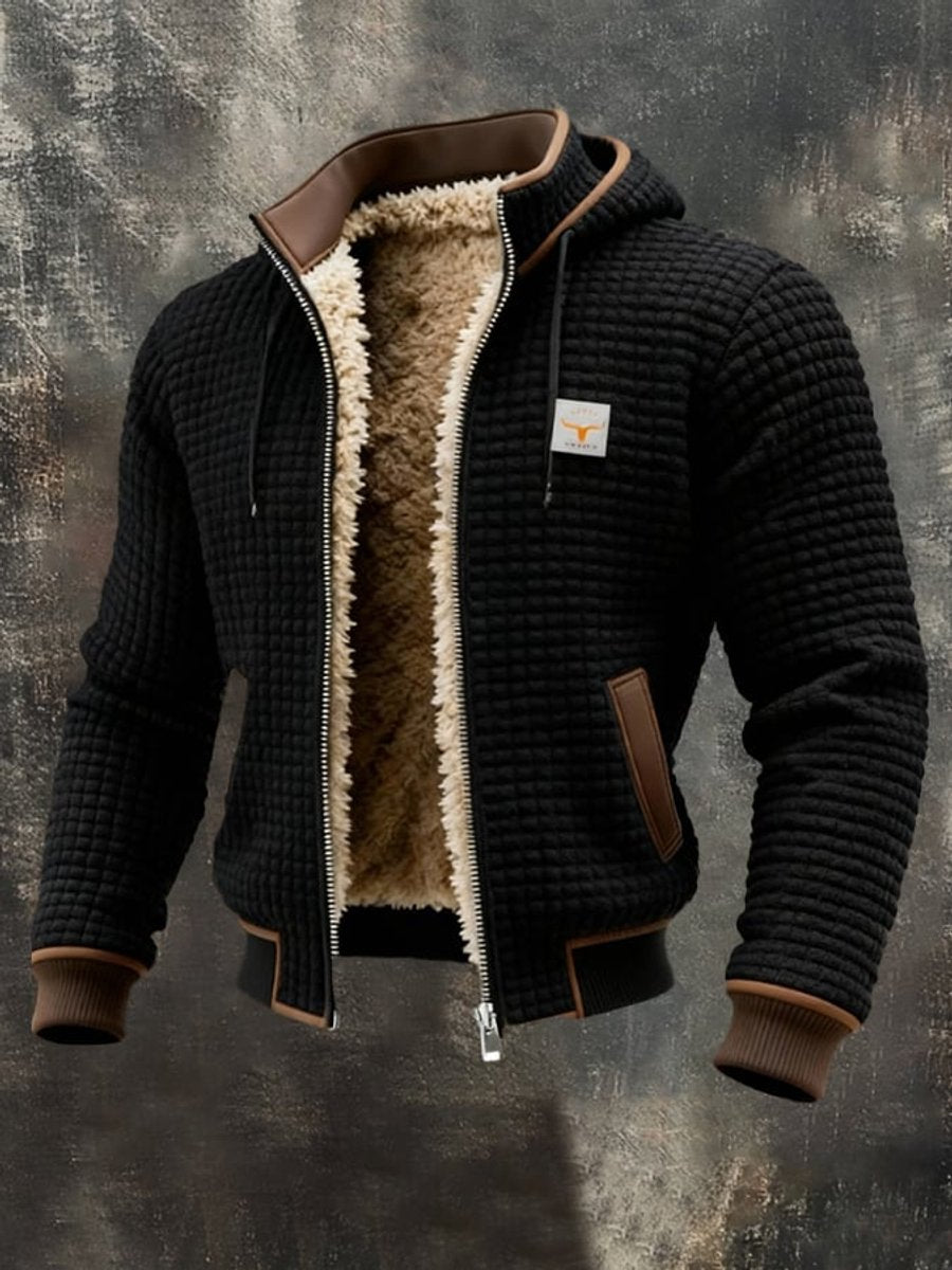 Men's Quilted Jacket Fleece-Lined Hooded Full-Zip Sherpa Coat - Black