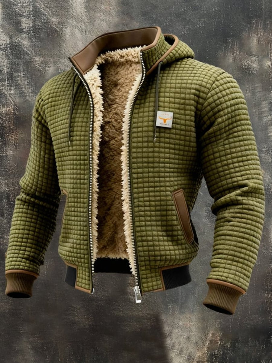 Men's Quilted Jacket Fleece-Lined Hooded Full-Zip Sherpa Coat - Olive Green
