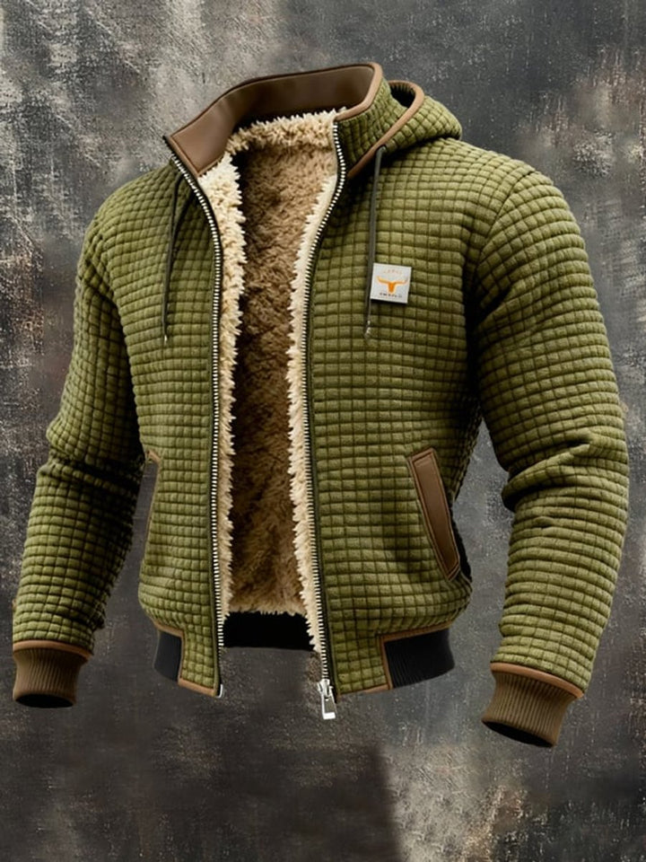 Men's Quilted Jacket Fleece-Lined Hooded Full-Zip Sherpa Coat - Olive Green