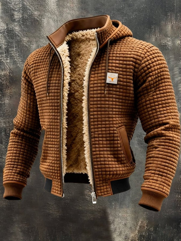 Men's Quilted Jacket Fleece-Lined Hooded Full-Zip Sherpa Coat - Brown