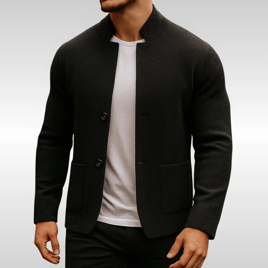 Men's Quilted Jacket Knit-Texture Mandarin-Collar Button-Front Blazer - Black