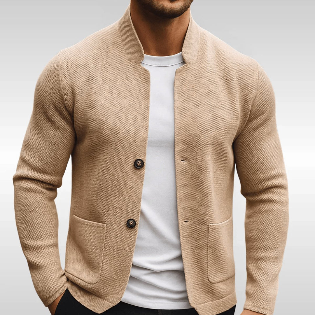 Men's Quilted Jacket Knit-Texture Mandarin-Collar Button-Front Blazer - Beige