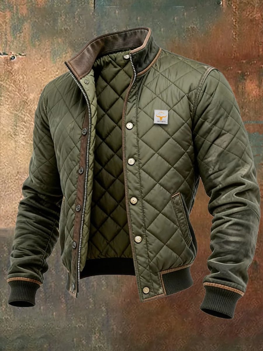 Men's Quilted Jacket Stand Collar Snap Button Bomber - Green