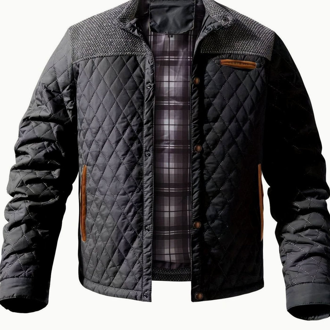 Men's Quilted Stand-Collar Snap-Front Insulated Jacket - Black