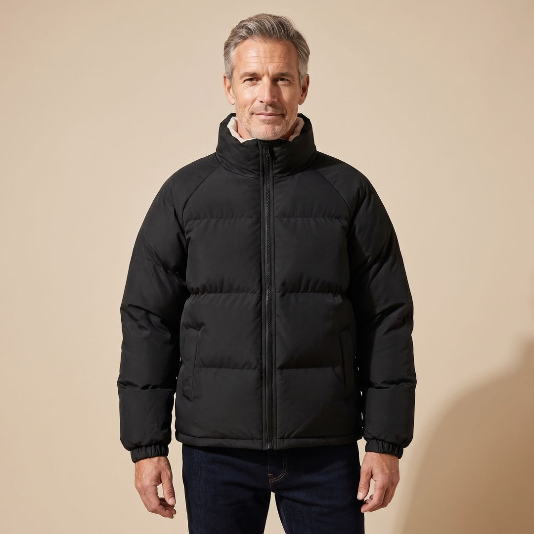 Men's Quilted Zip-Up Funnel-Neck Puffer Jacket - Black