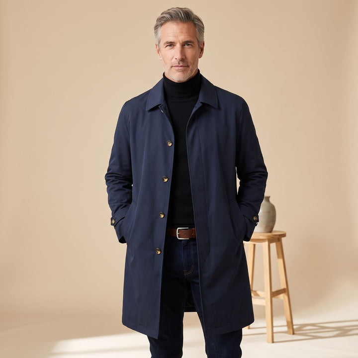 Men's Regular-Fit Button-Front Weather-Resistant Trench Coat - Navy Blue