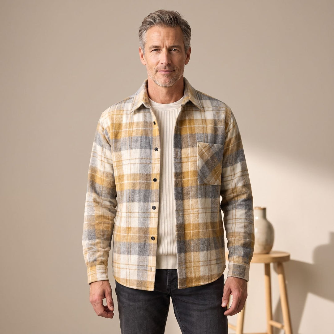 Men's Regular-Fit Plaid Shacket Checked Flannel Overshirt - Yellow