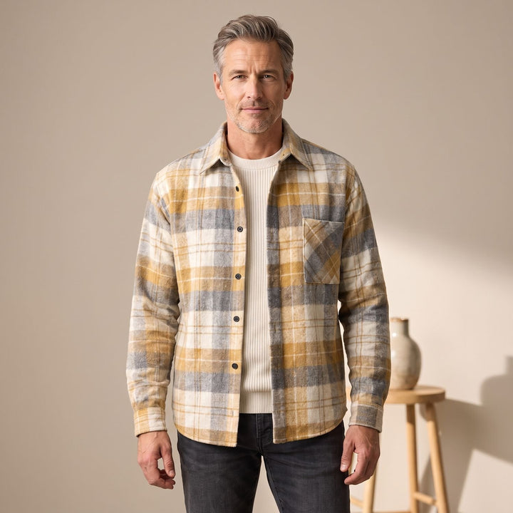 Men's Regular-Fit Plaid Shacket Checked Flannel Overshirt - Yellow