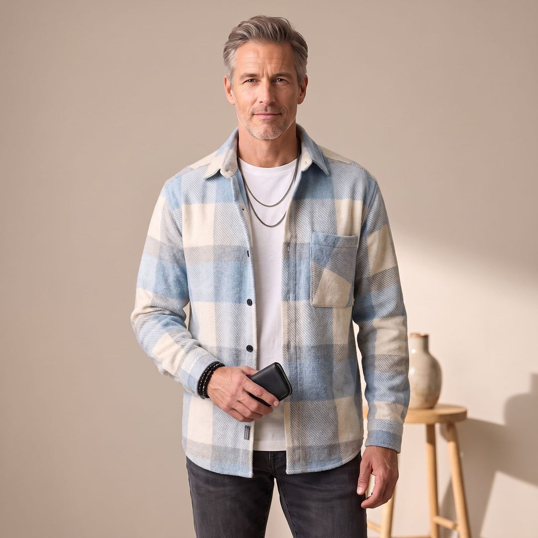 Men's Regular-Fit Plaid Shacket Checked Flannel Overshirt - Blue