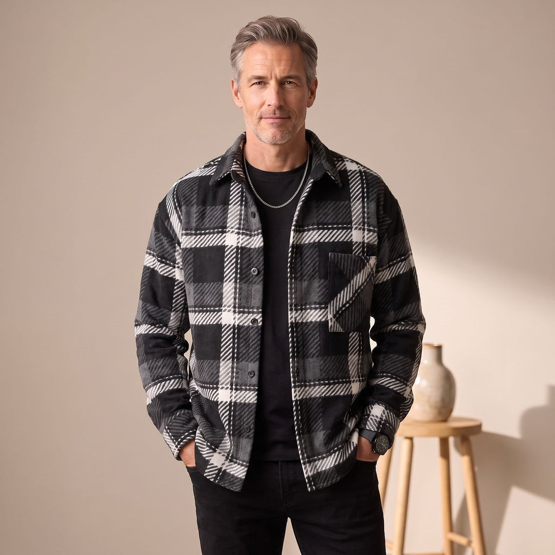 Men's Regular-Fit Plaid Shacket Checked Flannel Overshirt - Black