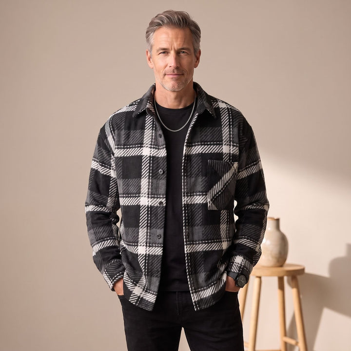 Men's Regular-Fit Plaid Shacket Checked Flannel Overshirt - Black