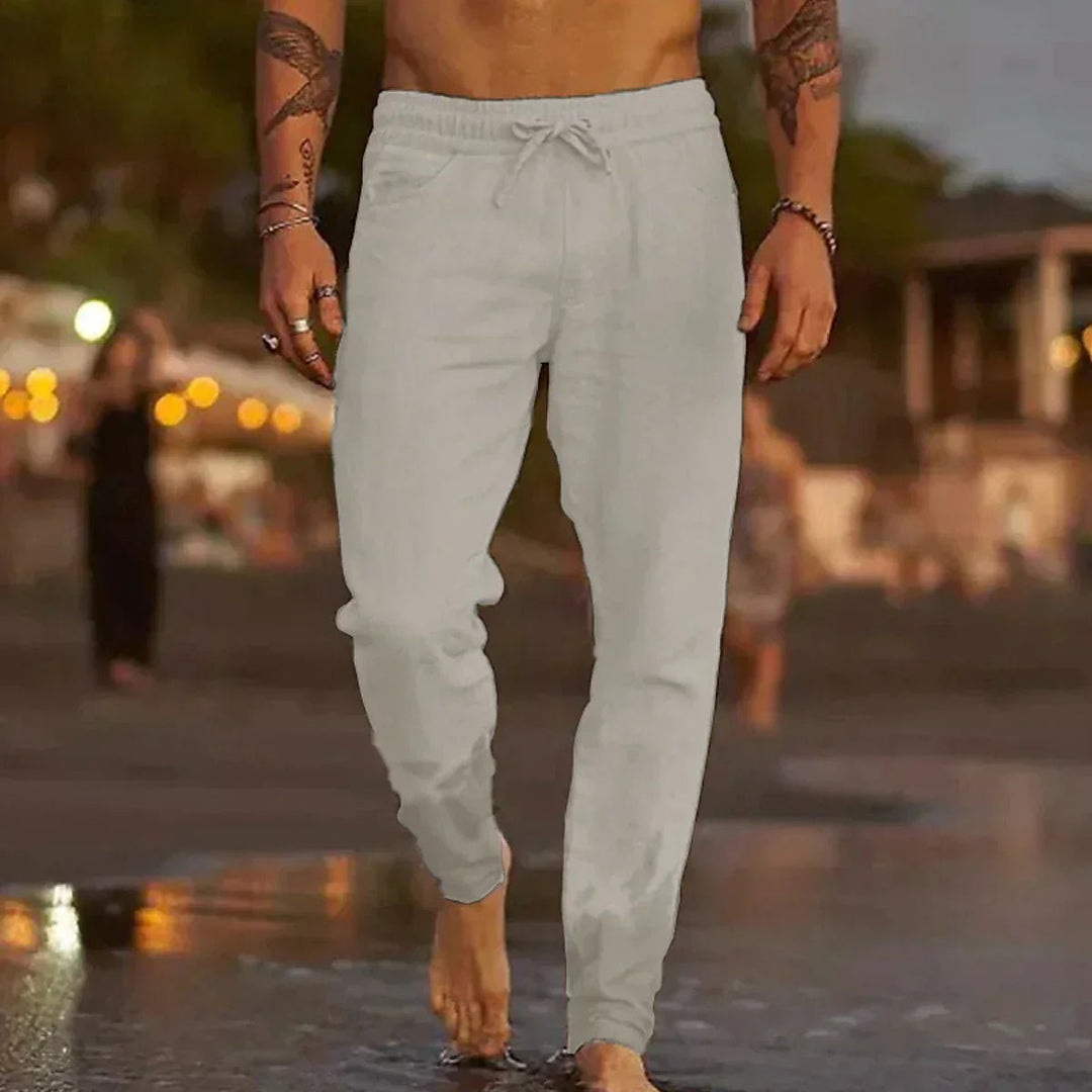 Men's Relaxed-Fit Drawstring Linen Summer Pants - Light Gray