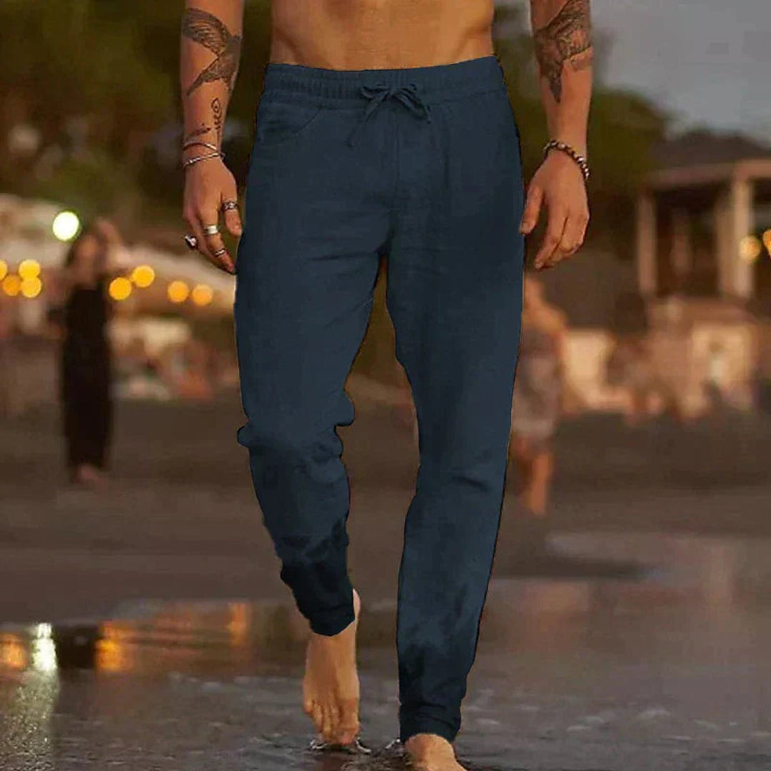 Men's Relaxed-Fit Drawstring Linen Summer Pants - Dark Blue