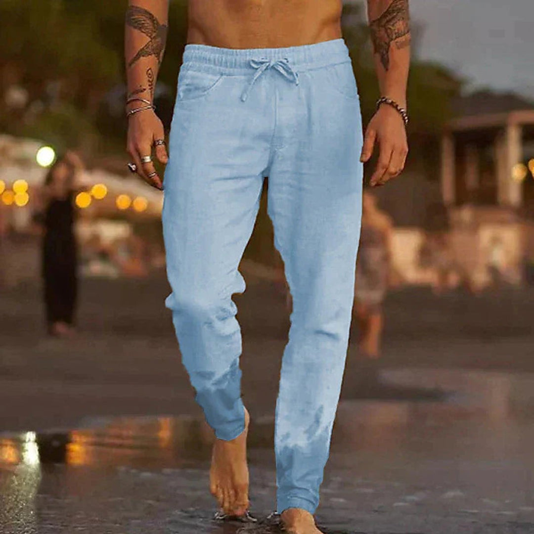 Men's Relaxed-Fit Drawstring Linen Summer Pants - Light Blue