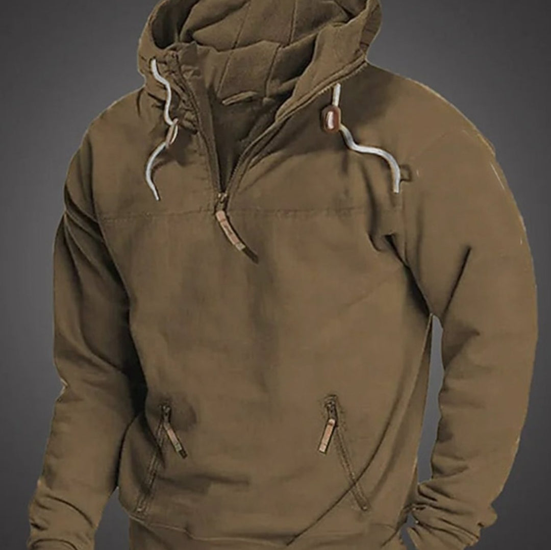 Men's Relaxed-Fit Half-Zip Drawstring Long Sleeve Hoodie - Brown
