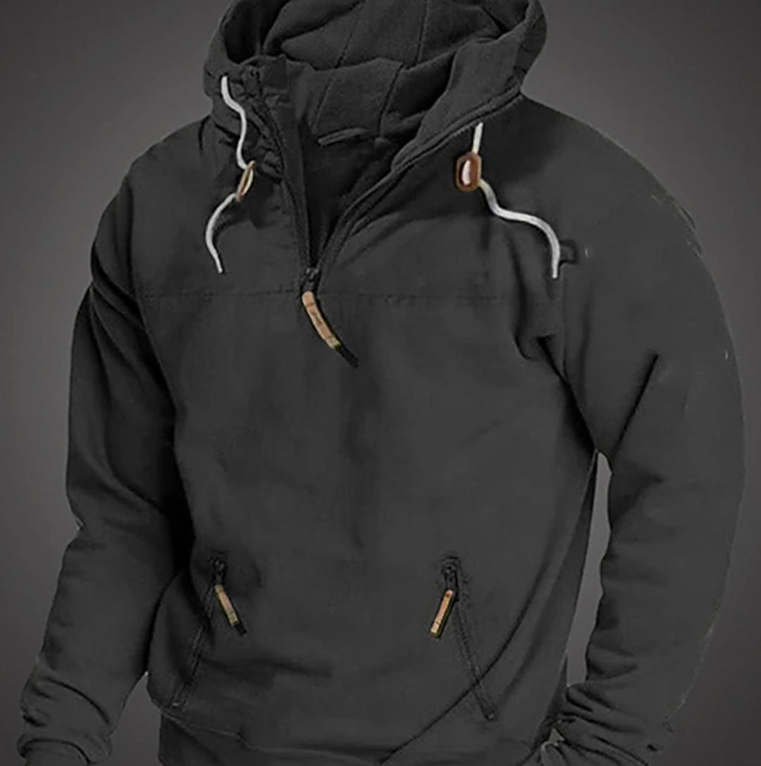 Men's Relaxed-Fit Half-Zip Drawstring Long Sleeve Hoodie - Black