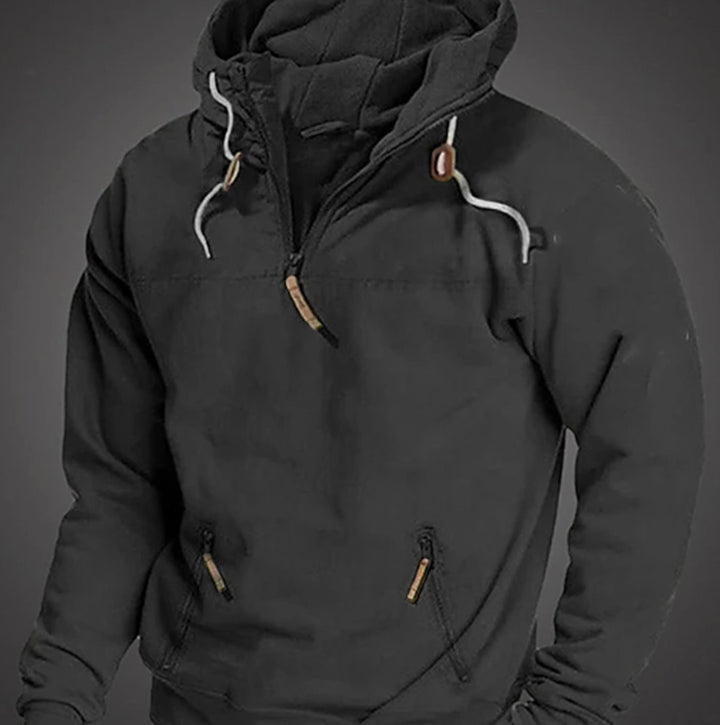 Men's Relaxed-Fit Half-Zip Drawstring Long Sleeve Hoodie - Black