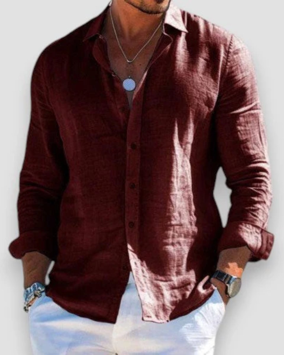 Men's Relaxed-Fit Lightweight Linen Long-Sleeve Button-Up Shirt - Brown