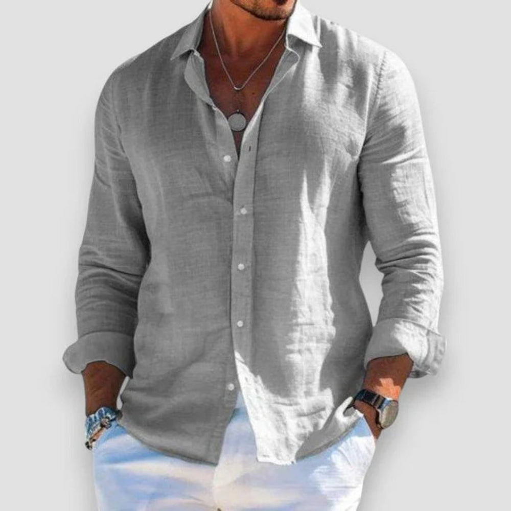 Men's Relaxed-Fit Lightweight Linen Long-Sleeve Button-Up Shirt - Gray