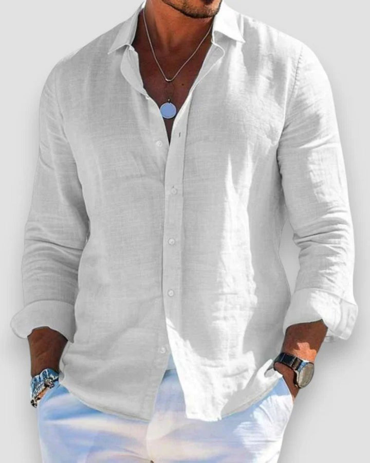 Men's Relaxed-Fit Lightweight Linen Long-Sleeve Button-Up Shirt - White
