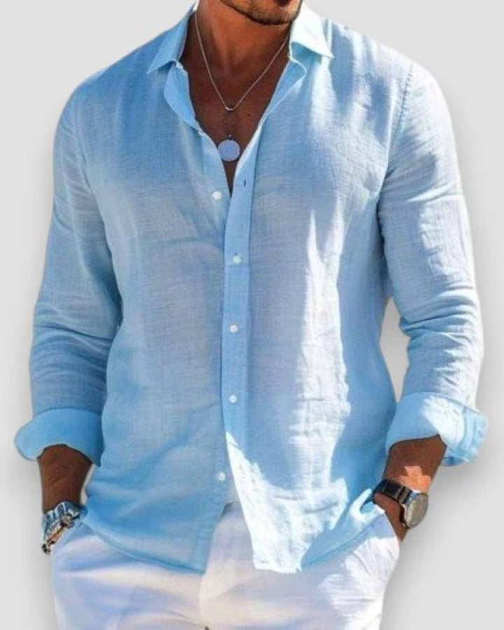 Men's Relaxed-Fit Lightweight Linen Long-Sleeve Button-Up Shirt - Blue