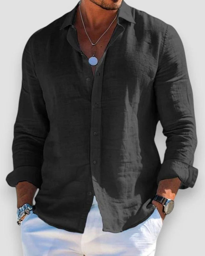 Men's Relaxed-Fit Lightweight Linen Long-Sleeve Button-Up Shirt - Black