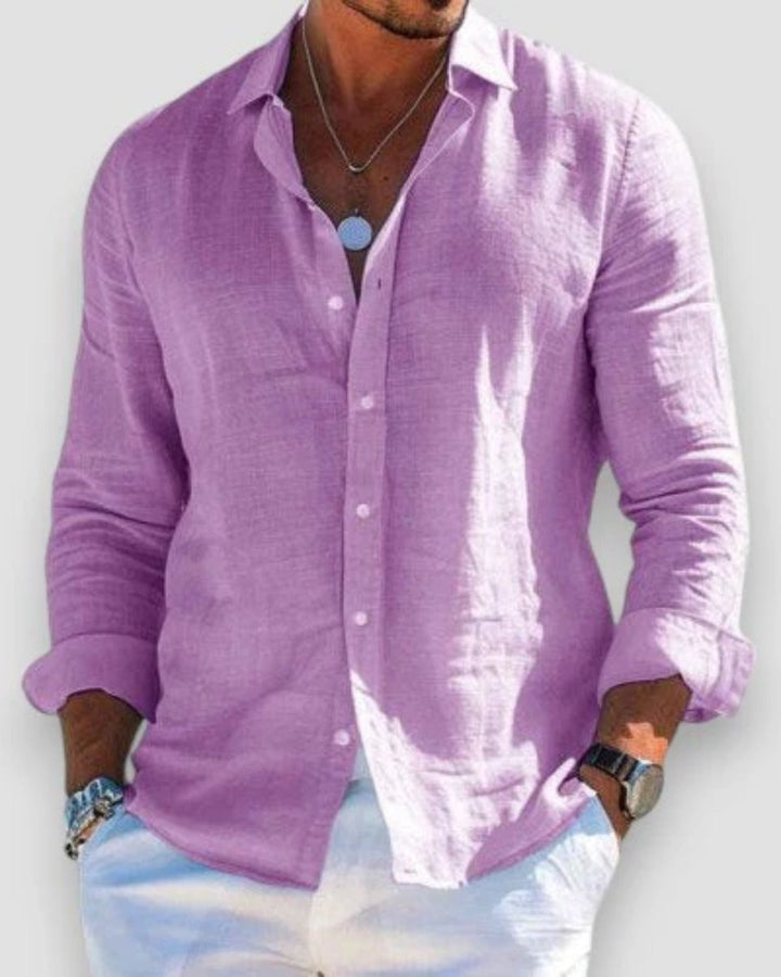 Men's Relaxed-Fit Lightweight Linen Long-Sleeve Button-Up Shirt - Purple