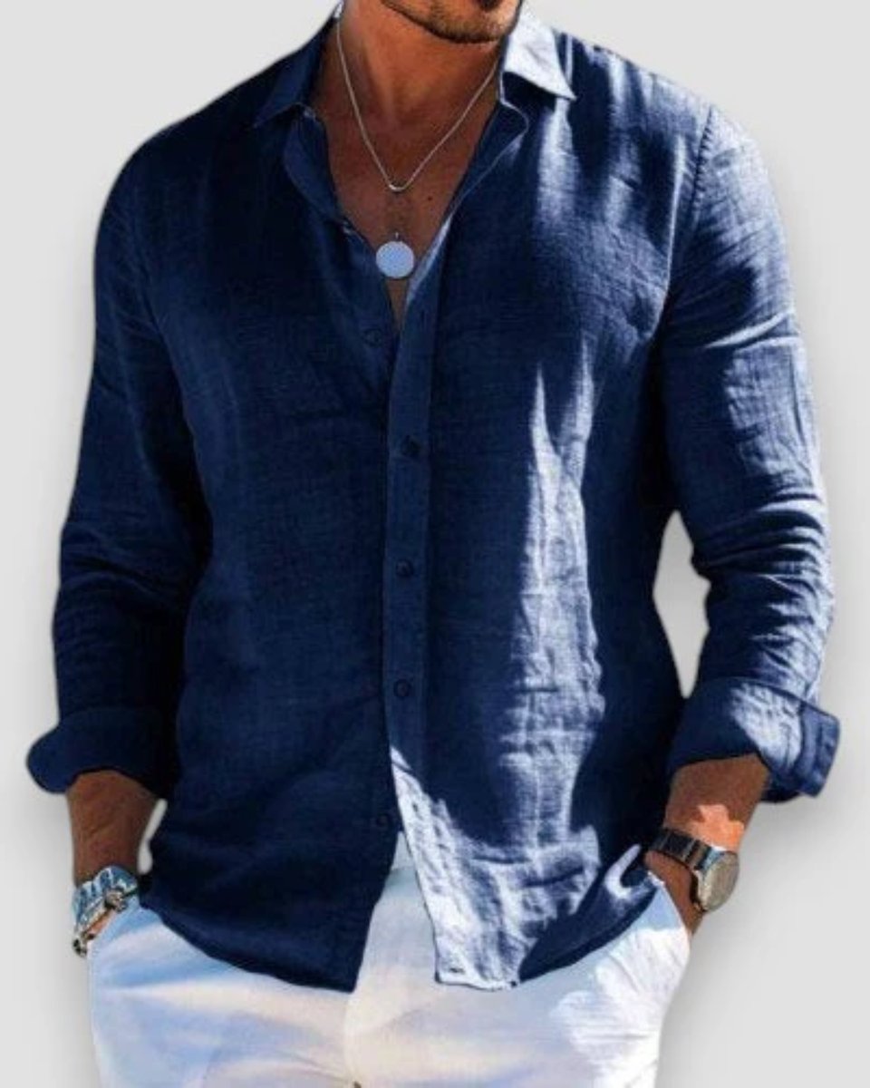 Men's Relaxed-Fit Lightweight Linen Long-Sleeve Button-Up Shirt - Navy Blue
