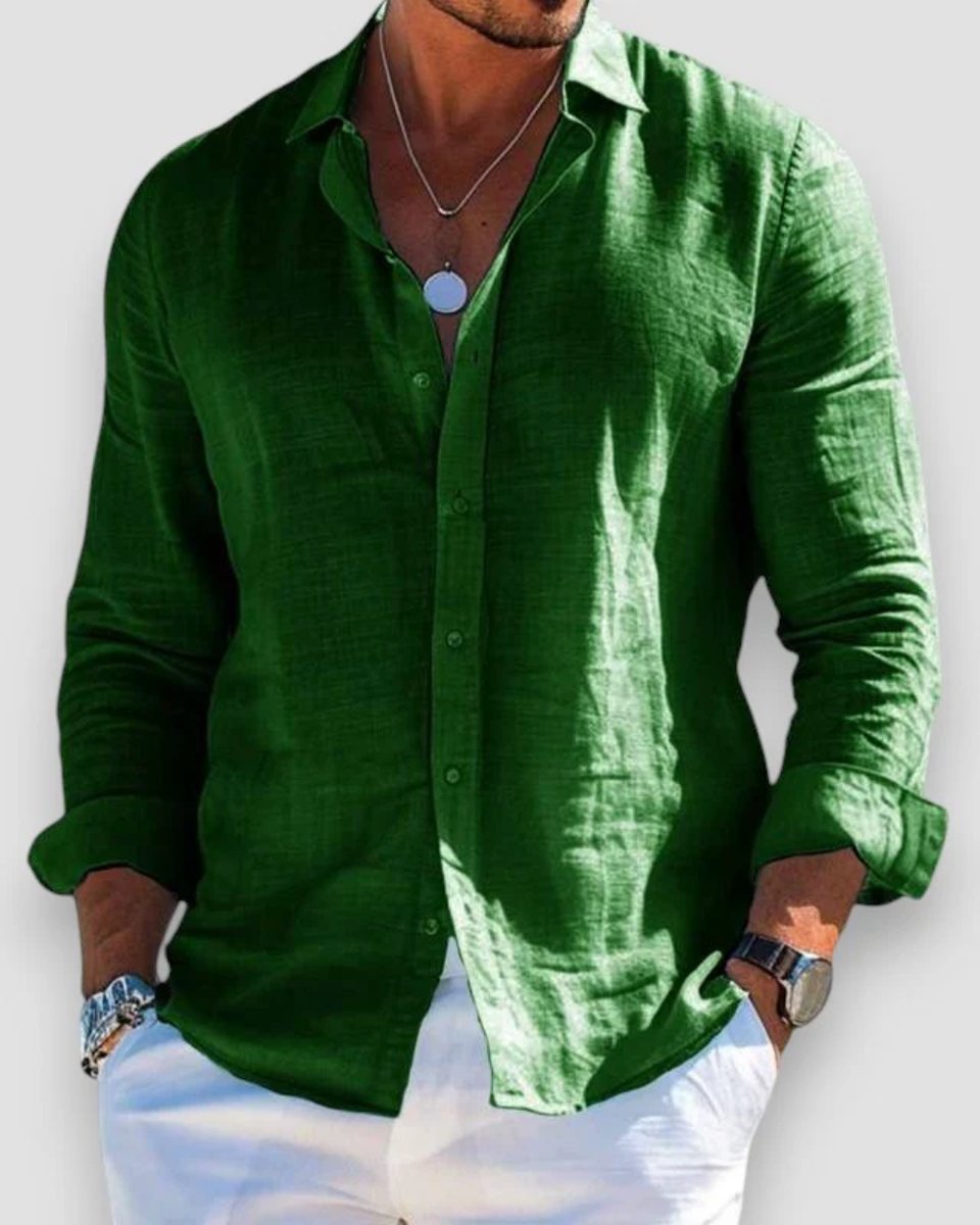 Men's Relaxed-Fit Lightweight Linen Long-Sleeve Button-Up Shirt - Green