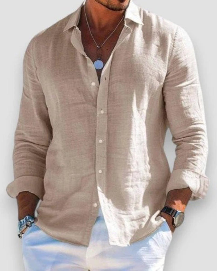 Men's Relaxed-Fit Lightweight Linen Long-Sleeve Button-Up Shirt - Khaki