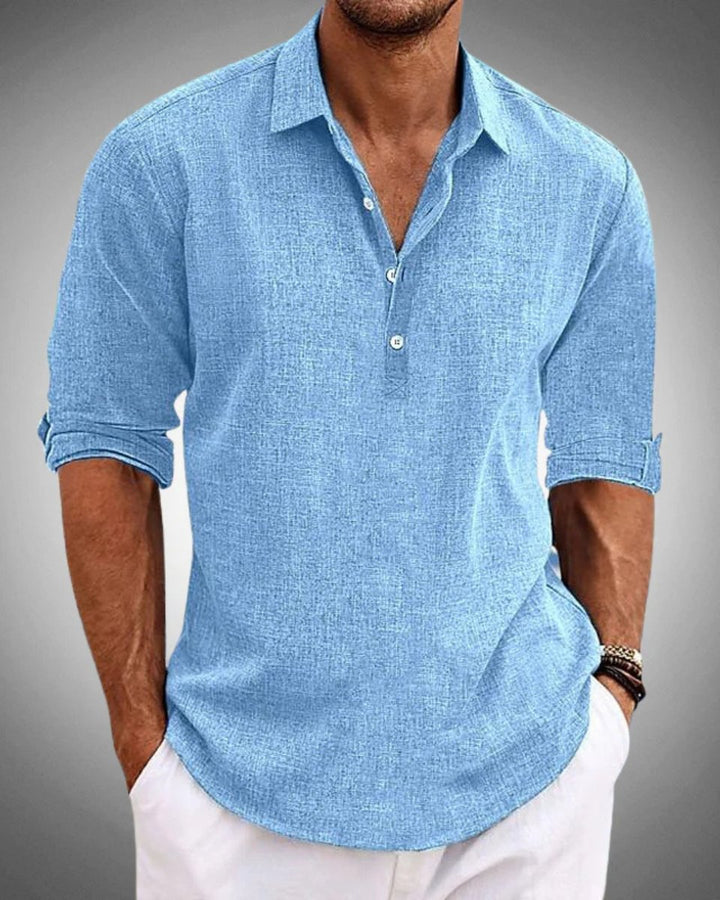 Men's Relaxed-Fit Long-Sleeve Linen Henley Shirt - Blue