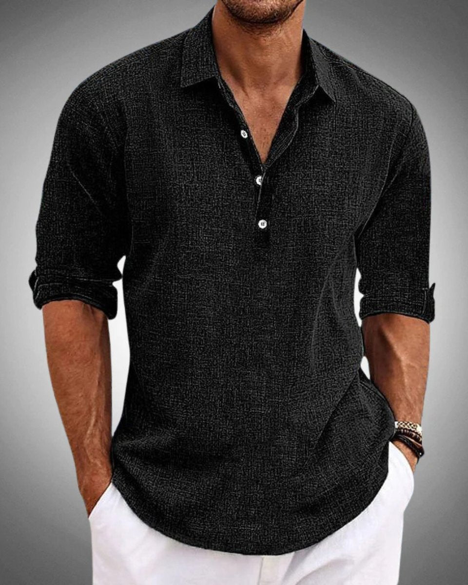 Men's Relaxed-Fit Long-Sleeve Linen Henley Shirt - Black