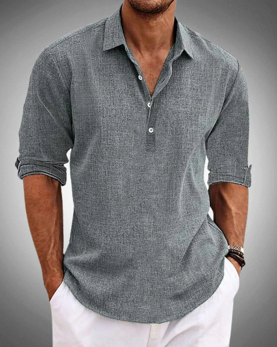 Men's Relaxed-Fit Long-Sleeve Linen Henley Shirt - Gray