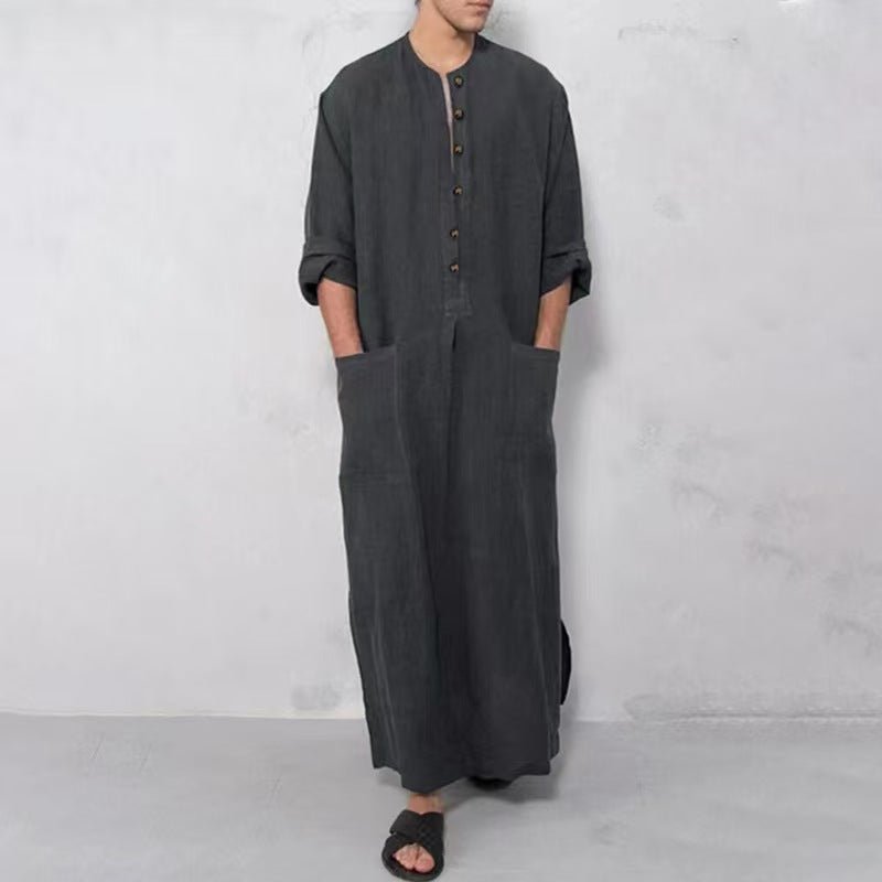 Men's Relaxed-Fit Maxi Linen Kaftan Tunic Stand-Collar Button Placket