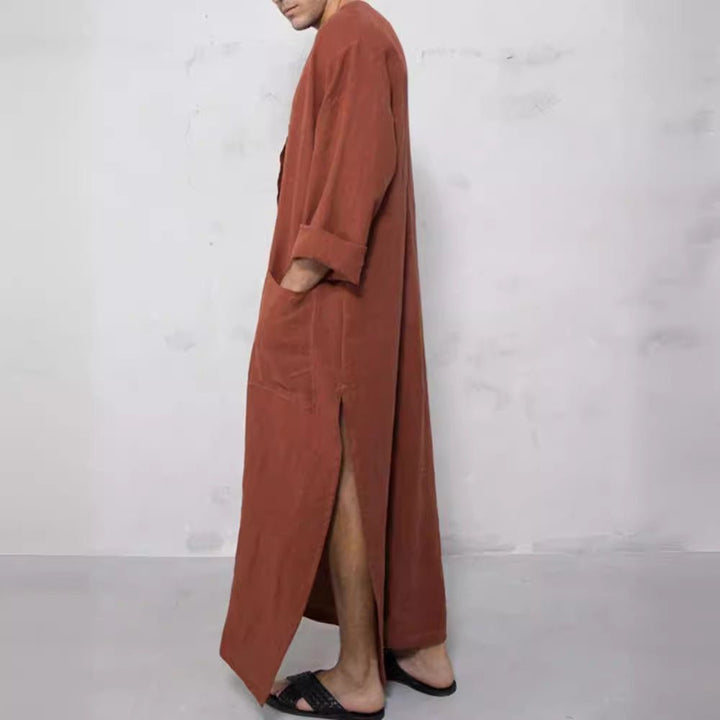Men's Relaxed-Fit Maxi Linen Kaftan Tunic Stand-Collar Button Placket